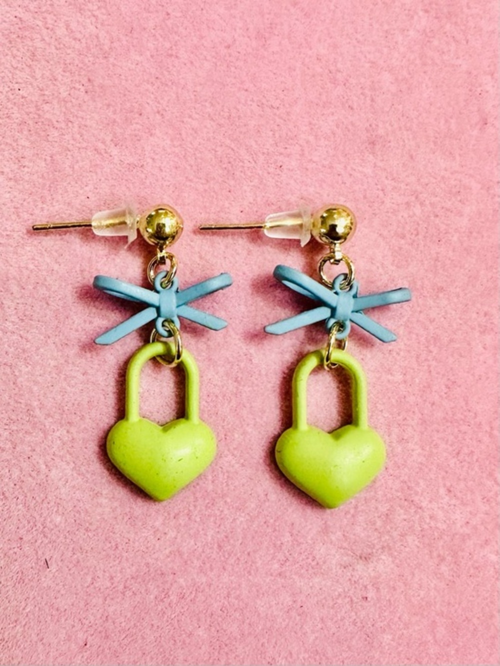 Pastel Heart Lock & Bow Dangle Earrings Kawaii Coquette Gold Tone